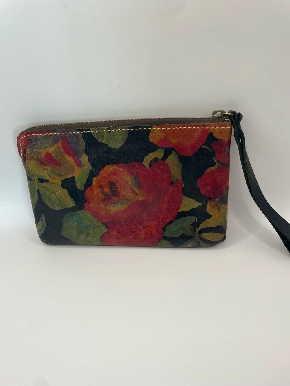 Patricia Nash Black Floral Zip Wristlet with Red Rose Print